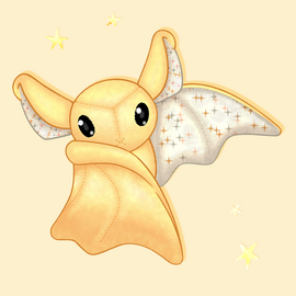 A yellow bat plush mascot for the logo.